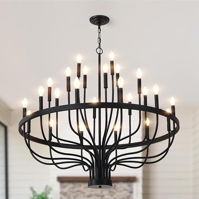 24-Light Black Chandelier, 40" Large Farmhouse Chandeliers for High Ceilings, Vintage Rustic Candle Chandelier for Dining Room Foyer, Modern Industrial Pendant Light for Living Room Entryway