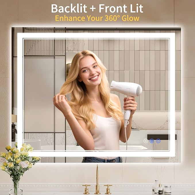 32"x40" LED Bathroom Mirror with Lights, Anti-Fog, Backlit + Front Lit, Dimmable, Led Vanity Mirror for Wall, Lighted Bathroom Mirror, 3 Colors, Shatter-Proof Tempered Glass