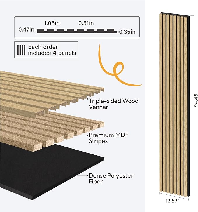 Olanglab Wood Slat Wall Panels 4 Pack, Wooden Acoustic Wall Panels, 94.5"x12.6" Each 3D Wall Panels for Interior Wall Decor (Warm Oak-Extendo Trio)