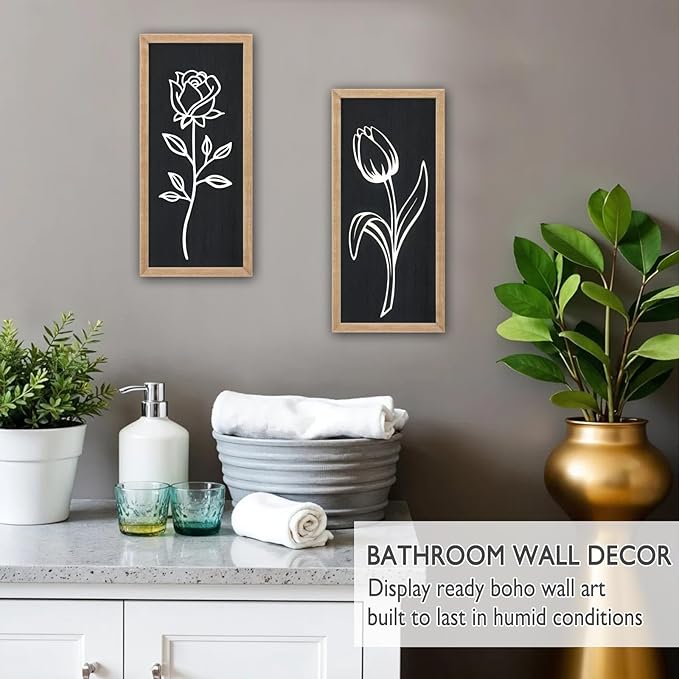 3D Wooden Black and White Floral Framed Wall Decor of 2, 7"X16" Farmhouse Vintage Boho Minimalist Flower Wall Art for Living Room, Rustic Retro Moody Vertical Tulip Rose Botanical Wall Sculptures