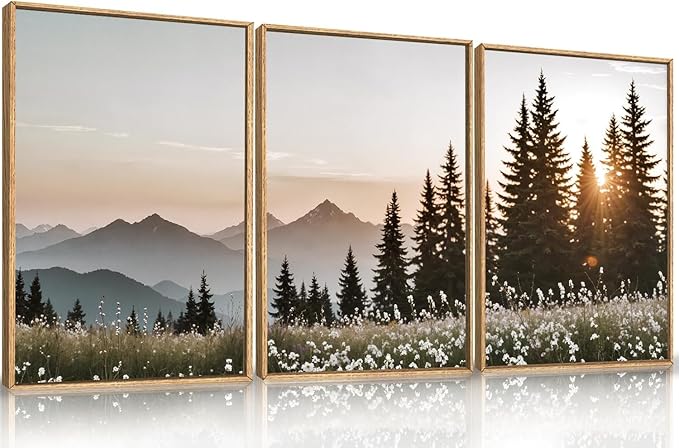 Large Mountain Sunlight Calming Framed Canvas Wall Art Set,Boho Nature Pine Tree Landscape Wall Decor,Modern Sunrise Forest Art Printing for Living Room,Bedroom-24 x36 x3