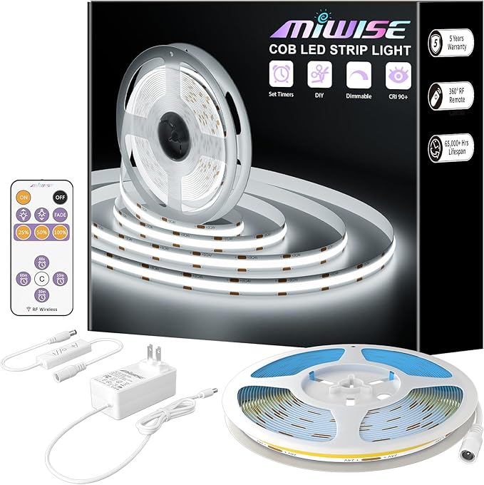 MIWISE COB LED Strip,6000K Daylight White 20ft/6.1m,Dimmable Super Bright 24V LED Strip Light,CRI 90+ Flexible Tape Light with RF Remote Timer Function,for Home/Cabinet/Bedroom DIY Lighting Project