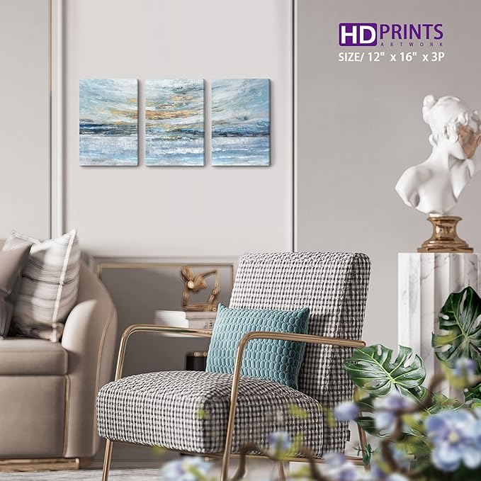 Abstract Canvas Wall Art for Bedroom 3 Piece Ocean Painting Coastal Theme Artwork Blue and Yellow Sunset & Sunrise on the Beach Seascape Picture for Bathroom Living Room Light 12x16inchx3 panel