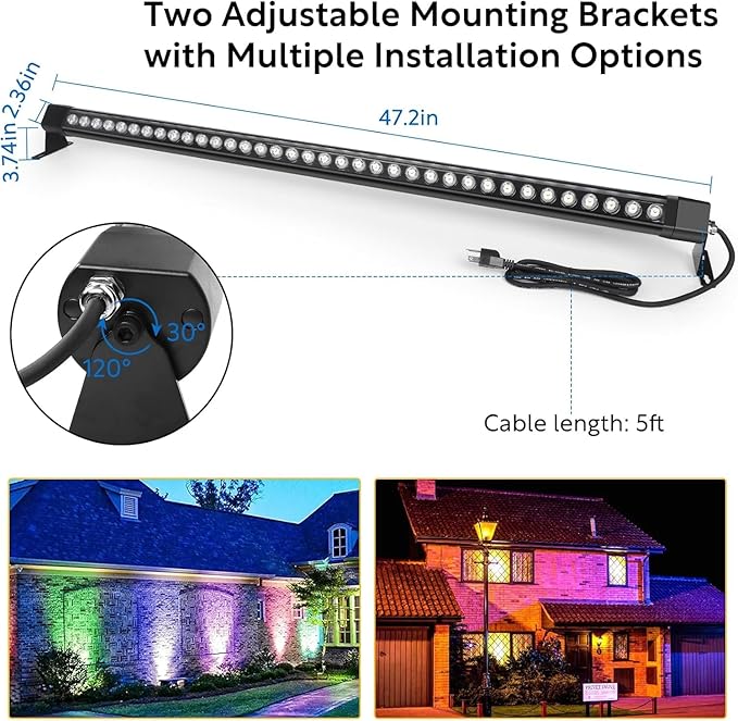 RGB Outdoor Wall Washer Light, 4FT 72W Dimmable LED Wall Washer Light, 120V IP67 Waterproof Led Light Bar for Outdoor, with Remote, Plug-in (2 Pack)