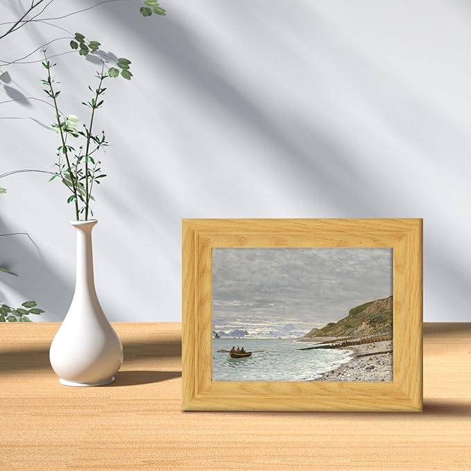 Brivoria Framed Canvas Wall Art Vintage Decor, Realistic Coastal Landscape with Rowboat Rocky Shore and Cliffside Under Grey Sky for Kitchen Entryway Shelf Display or Tabletop Decor, 8"x10"