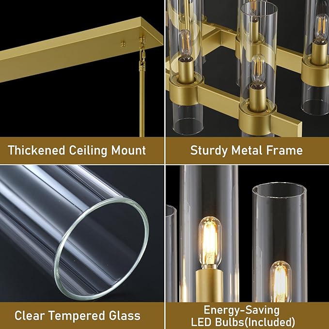 Modern Gold Linear Chandelier for Dining Room, 68'' Rectangular Dining Chandeliers Over Dining Table 20 Light, Linear Chandelier Lighting Fixture with Glass over Kitchen Island, Includes Bulbs