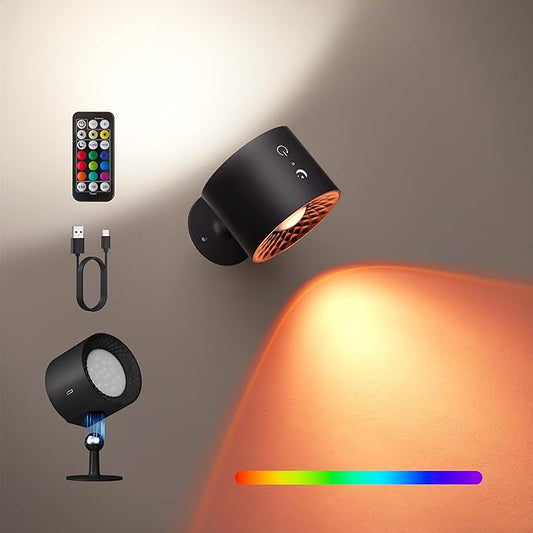Joyzy Wall Light Battery Operated Rechargeable RGB LED Wall Lighting Colorful Picture Light Two-Headed Lights for Bedroom, Remote Touch Control Wall Mounted Lamps with Magnetic Wall Sconce