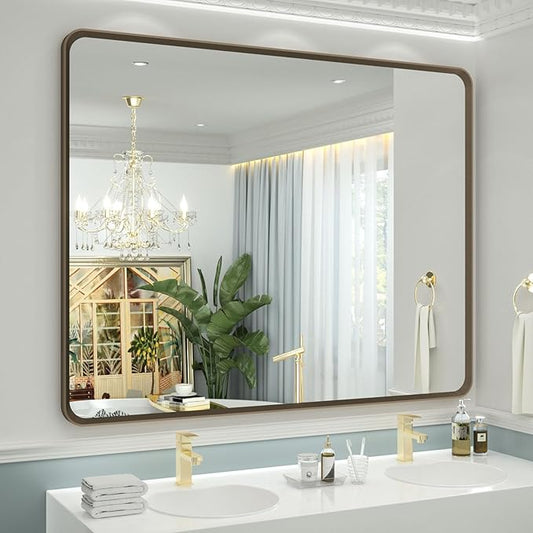 OKPAL 48x40 Bronze Bathroom Mirror, Bathroom Framed Mirrors for Wall, Rounded Rectangle Bronze Mirror for Vanity, Farmhouse, Bedroom, Anti-Rust (Horizontal/Vertical)