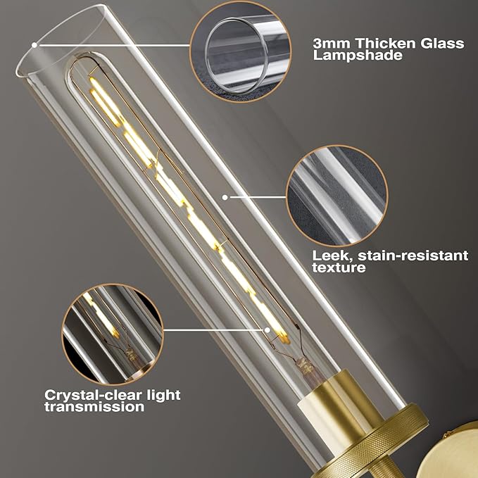 Antique Gold Wall Sconce 19.48" Modern Luxe Wall Lighting with Clear Glass Tube, Living Room Bedroom Bathroom Mirror Sconces, Staircase Decor Hallway Lamp Fixture(Including Bulb)