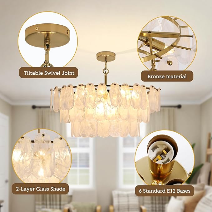 Modern Large Gold Glass Chandeliers, 12-Light Luxury Cloud Pendant Light Fixture, 31.5 inch Round Ceiling Hanging Light Fixture for Living Room Bedroom Dining Room Kitchen Foyer Staircase Offices