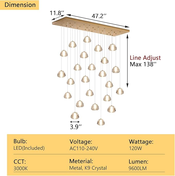 24-Lights Modern Crystal Rectangular Chandelier LED Raindrop Ceiling Pendant Light Crystal Lighting Fixture for Living Room Hotel Staircase Hallway Foyer Entryway Bedroom Gold