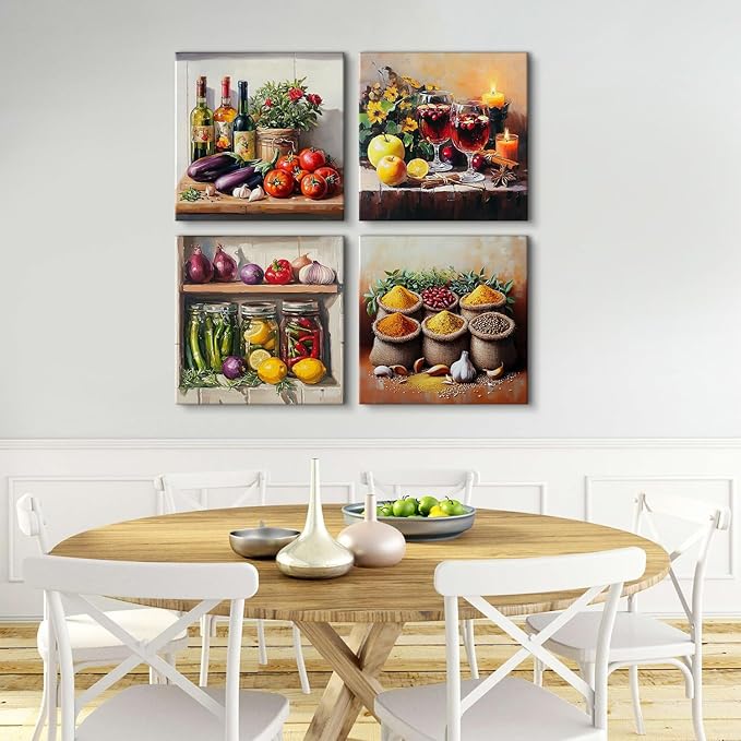 Kitchen Wall Decor Mason Jar Wall Art Spices Food Canvas Prints Kitchen Ingridients Picture Rustic Still Life Painting Vintage Healthy Vegetables Poster Artwork Dining Room Home Decoration 20x20" 4Pcs