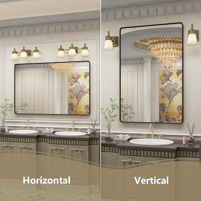 OKPAL 55X40 Inch Matte Black Bathroom Mirror, Black Framed Bathroom Vanity Mirror, Black Rectangle Mirror, Round Corner, Rustproof, Shatter-Proof (Horizontal/Vertical)