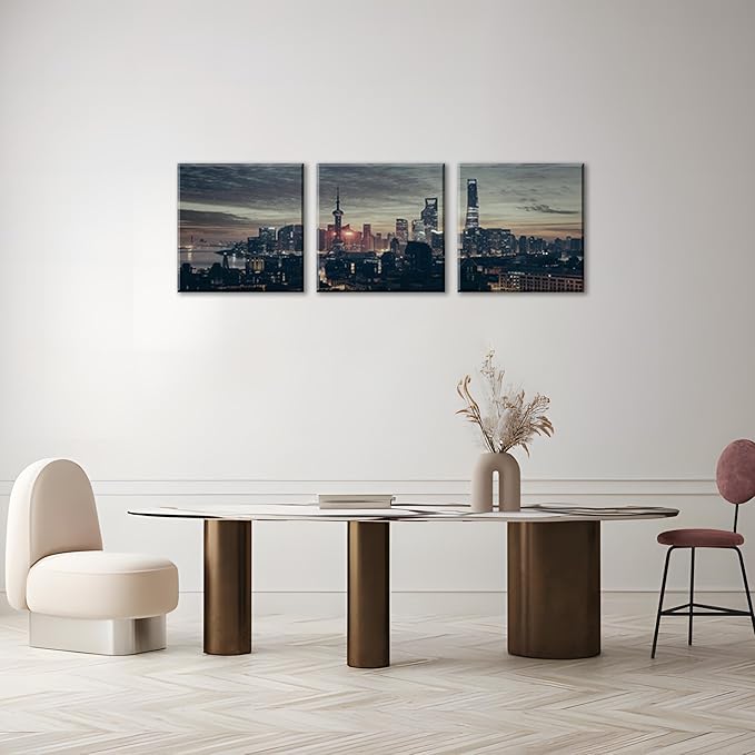 NAN Wind 3Pcs Modern Shanghai Skyline Canvas Wall Art Dusk City Panorama Print Oriental Pearl Tower Night Scene Artwork Living Room Office Decor Black Grey Gold Urban Photography Print on Canvas Decor