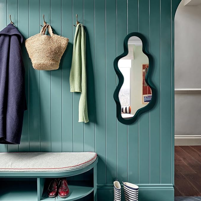 13.8x29.7 Big Decorative Mirror for Girly Bedroom Dresser Decor, Abstract Wavy Wall Mirrors for Home Book Coffee Shop Hotel Decoration, Unique Gift for Birthday Thanksgiving (Dark Green)