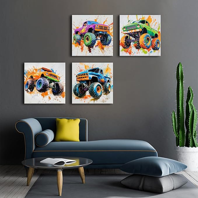 Monster Truck Canvas Wall Art Cool Watercolor Car Posters for Boys Room Modern Graffiti Truck Pictures Wall Decor Off-Road Vehicles Artwork Nursery Toddler Bathroom Bedroom Home Decoration 20x20" 4pcs