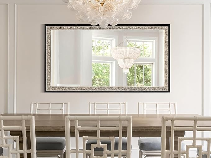 Black Large Vintage Wall Mirror Decor, 51.5"x28" Ornate Decorative Mirror with Silver Foil Carvings Wooden Frame, Handmade Aging, for Dining Room, Fireplace, Bathroom and Bedroom