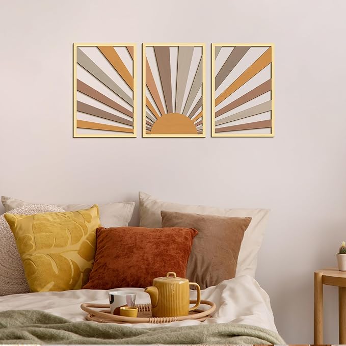 COLOR VALLEY ART Boho Wall Sculptures - Set of 3 Wood Wall Decor Pcs - Chic Sun Wall Artwork for Modern Home - 16.5"x33" Horizontal and Long Pictures for Wall Decor - Ideal for Living Room and Bedroom