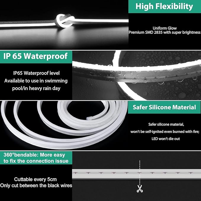 Lamomo LED Strip Lights, 65.6ft White Dimmable Neon LED Rope Lights, 24V Waterproof LED Light Strip, 6000K Flexible Neon Lights for Bedroom Indoor Home Decor