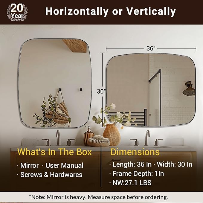 ANDY STAR 30x36 Chrome Bathroom Mirror, Oblong Silver Mirror with Stainless Steel Metal Frame, Oval Vanity Mirror for Over Sink, Modern Anti Rust Wall Mounted