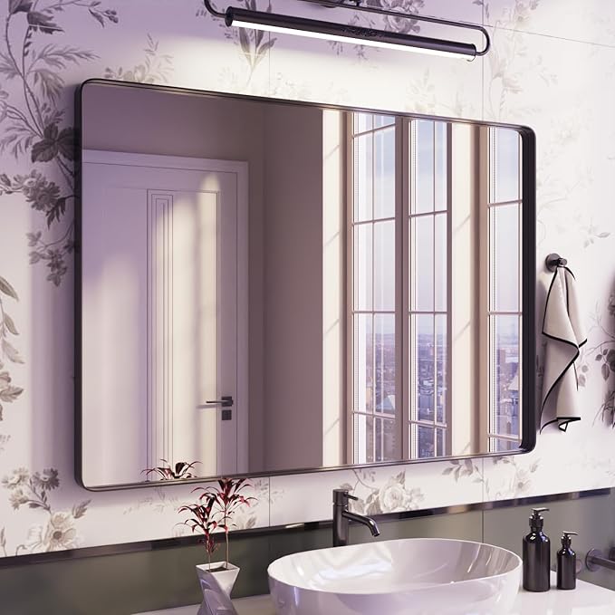 Bathroom Mirror for Wall, 44x32 Inch Matte Black Framed Bathroom Vanity Mirror for Farmhouse Living Room Bedroom, Anti-Rust, Tempered Glass, Rounded Corner, Horizontal/Vertical