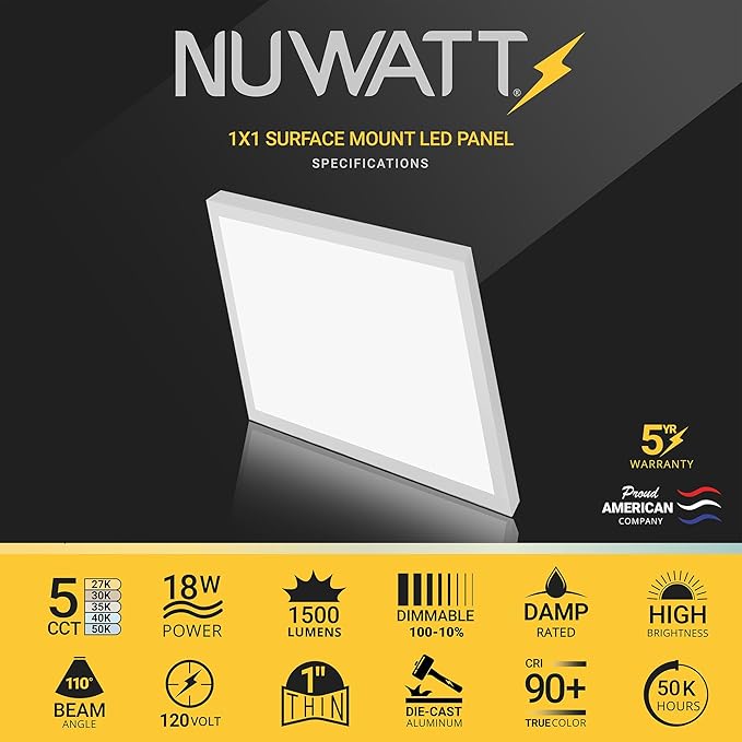 NUWATT 4 Pack, 1x1 Flat Panel LED Square Light, 5CCT 2700K/3000K/3500K/4000K/5000K Selectable, 1500LM 18W, Internal Driver, Dimmable, 120V, CRI90, 12" Inch Square Surface Mount Ceiling Light, 1" Thick