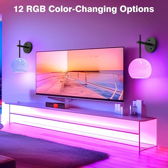 MOITA Wall Sconces Set of Two, Wireless Battery Operated Wall Decor with Remote, Sconces Wall Lighting with Glass Shade, Upward and Downward Installation, 12 RGB Colors and 3 CCT Options