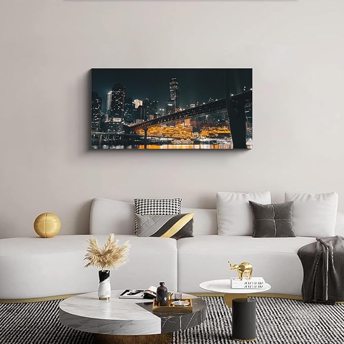 NAN Wind 1PCS Chongqing City Nightscape Canvas Wall Art Illuminated Chinese Skyline with Bridge Skyscrapers Modern Urban Landscape Photography Print for Living Room Office Bedroom Decor