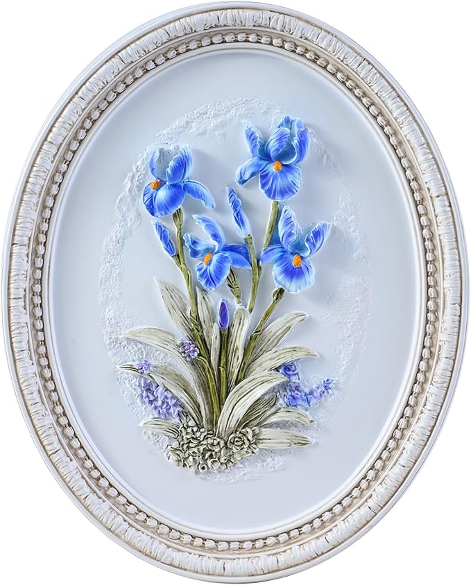 Kangce Vintage Wall Sculptures,Antique Wall Art with Hand-Carved Iris Pattern, Victorian Home Decor,for Living Room, Bedroom,Hallway Gallery,Oval,Blue