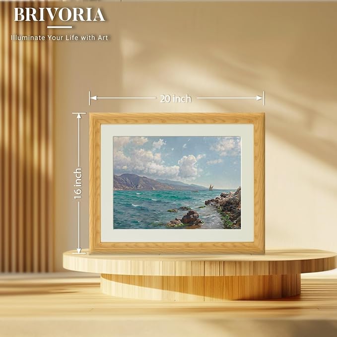 Brivoria Framed Coastal Canvas Wall Art Gallery Decor 16x20 Inch Faux Wood Frame with Mat for Living Room Office or Guest Room Display Statement Gallery Coastal Print – Rocky Coast