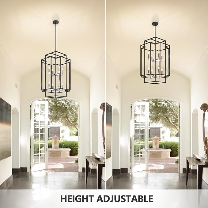8-Light Farmhouse Chandeliers for Entryway, 31.5" Rectangular Foyer Lighting Fixtures for High Ceilings, Large Pendant Light for Staircase Entry Dinning Room Kitchen Island, Black and Brushed Nickel