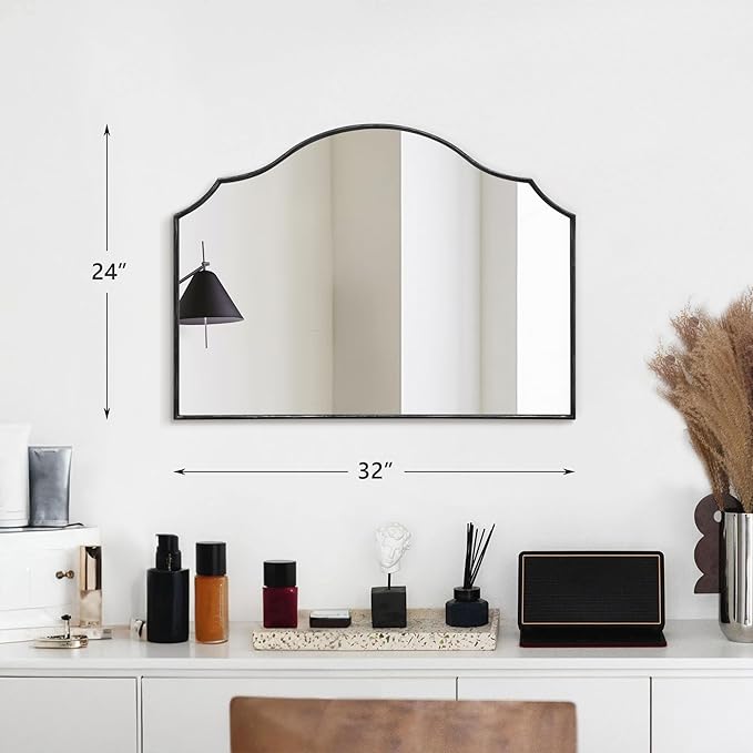Black Scalloped Arched Mirror: 32"x24" Modern Wall Mirror - Minimalist Mantel Mirrors for Vanity/Bedroom/Entryway/Bathroom/Hallway - Home Decor for Small Apartment