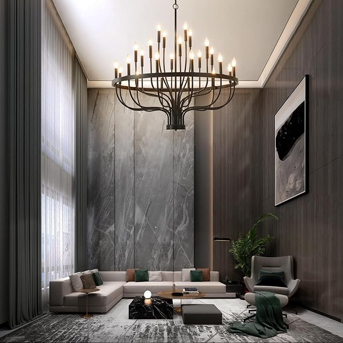 24-Light Black Chandelier, 40" Large Farmhouse Chandeliers for High Ceilings, Vintage Rustic Candle Chandelier for Dining Room Foyer, Modern Industrial Pendant Light for Living Room Entryway