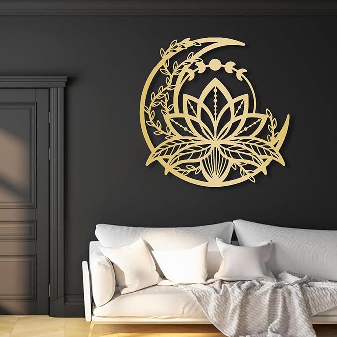 Metal Lotus Flower Wall Art - Extra Large Lotus Moon Metal, Moon Phase Outdoor Decor, Zen Wall Art for Bedroom, Living Room, Yoga Room (Black, 30x30in|76x75cm)