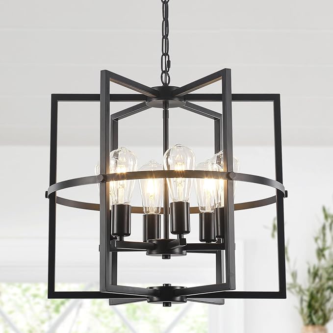 6-Light Black Farmhouse Chandelier for Dining Room, 19'' Modern Industrial Metal Cage Adjustable Hanging Pendant Light for Kitchen Island, Entryway, Hallway, Bedroom