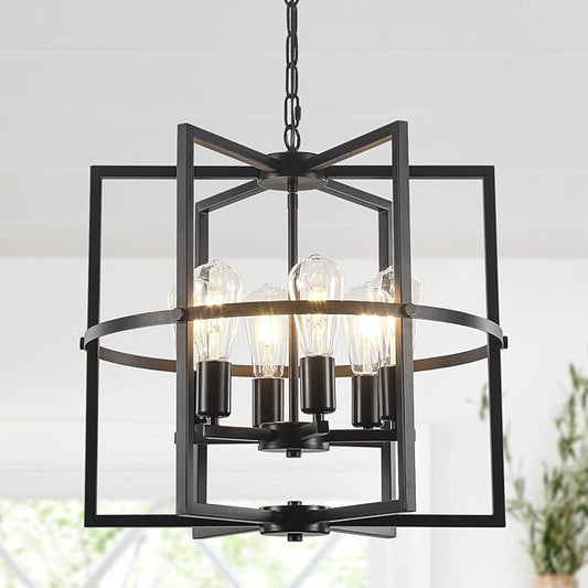 6-Light Black Farmhouse Chandelier for Dining Room, 19'' Modern Industrial Metal Cage Adjustable Hanging Pendant Light for Kitchen Island, Entryway, Hallway, Bedroom