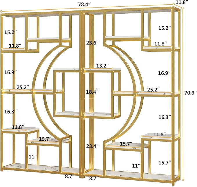 Modern Book Shelf, White and Gold Bookshelf, 70.8 Inch Tall Etagere Bookcase, Set of 2 Geometric Display Shelves for Living Room, Bookcases/Bookshelf with Metal Frame for Home Office