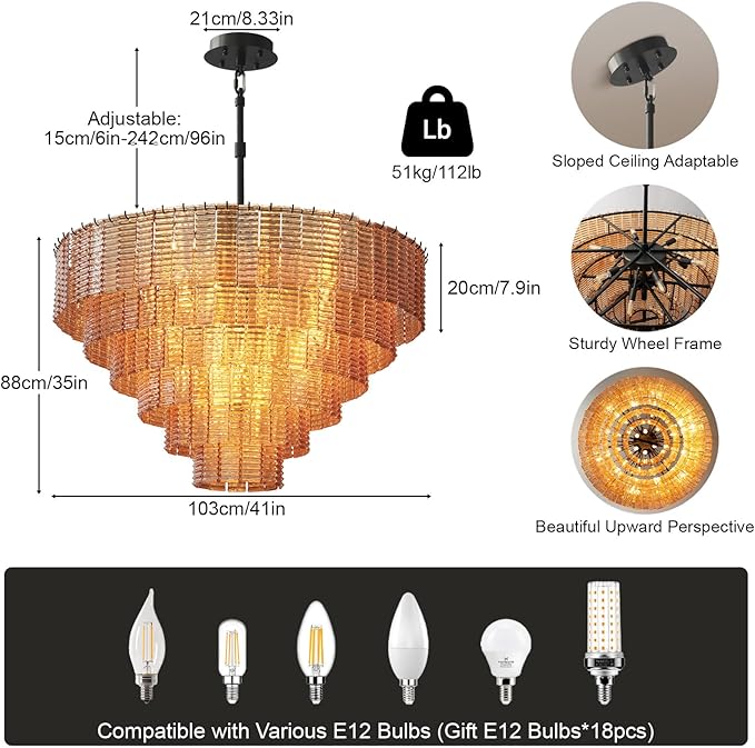 41" Large Chandelier, 18-Light Black Round Chandelier for Dining Room, Amber Crystal Glass Hanging Light Fixture, Pendant Light Perfect for Dining Room, Entryway, Foyer, Bedroom & Kitchen