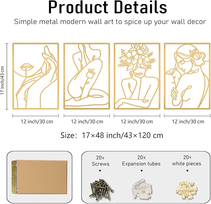 Bakovity Gold Metal Wall Art, Abstract Flower Line Sculpture, Gold Minimalist Modern Wall Decor for Living Room, Bedroom, Bathroom (4 Pieces, 17 x 12 Inches)