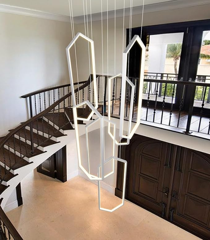 6 Rings Modern Chandelier LED Dimmable Pendant Lighting Adjust Flush Mount Ceiling Light for Foyer Lobby Living Room Staircaes Sliver 78.7''