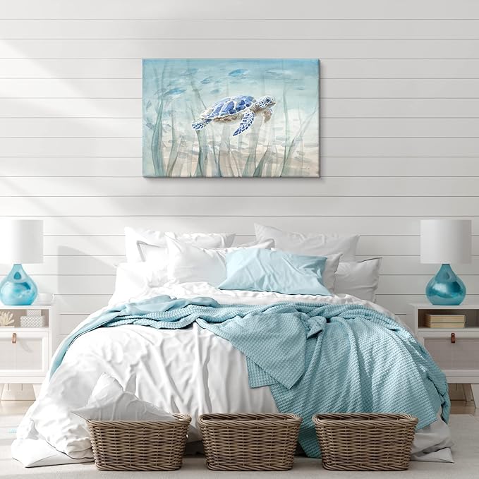 Ocean Wall Decor Blue Turtle Canvas Art Sea Grass Pictures Coastal Print Painting Nautical Artwork For Home Office Ready to Hang 36x24 Inch