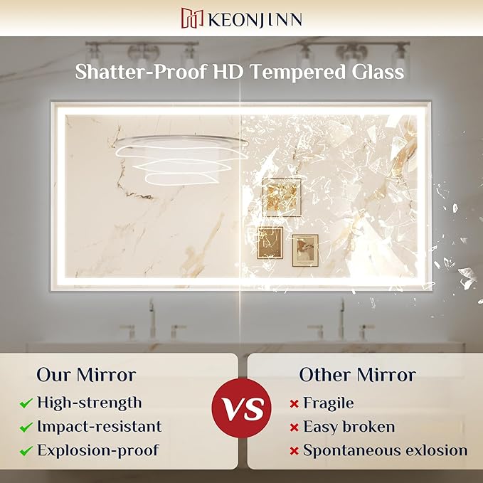 Keonjinn 48 x 36 Inch Large LED Mirror with Frontlit & Backlit, Brushed Nickel Lighted Bathroom Mirror for Wall, HD Tempered Glass, UL Listed LED Driver, Beveled Framed, 3 Color Lights, Safe Defogging