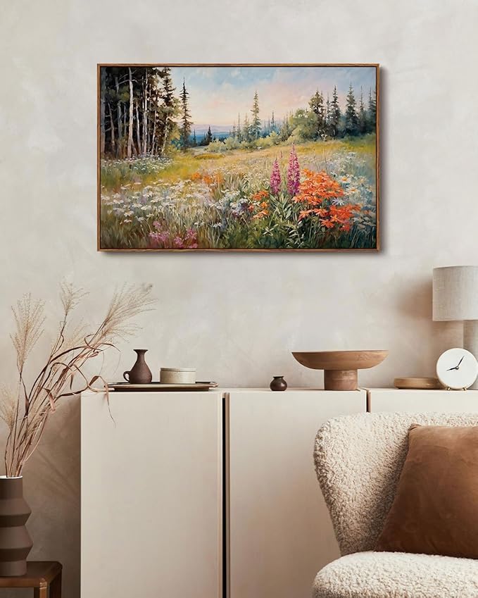 KISSFOX Vintage Framed Wall Art Mountain Meadow Wildflower Landscape Colorful Canvas Art Nature Serene Countryside Paintings Artwork Farmhouse Rustic Art Prints For Bedroom Bathroom Living Room