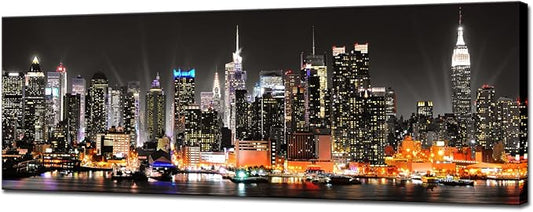 Biuteawal New York City Canvas Wall Art Manhattan Skyline at Night Picture Prints Framed NYC Skyline Landscape Artwork Modern Canvas Print Art for Home Office Living Room Decor