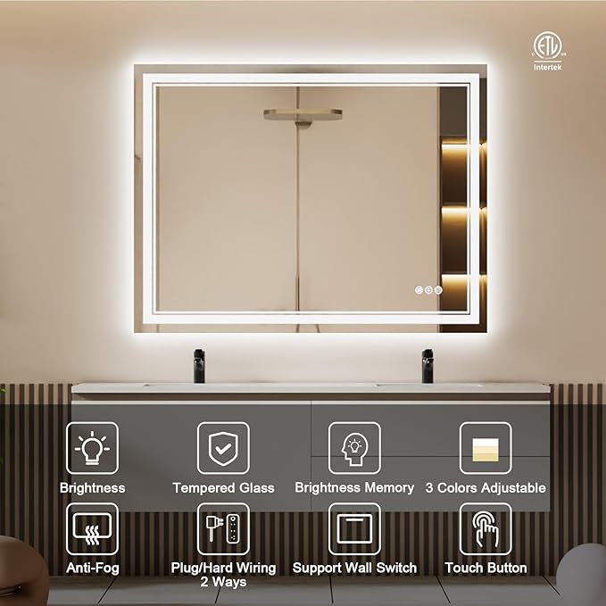40x30 Inch LED Bathroom Mirror with Lights, Backlit and Front Lighted Bathroom Mirrors for Wall, Anti-Fog Dimmable Memory Shatterproof LED Vanity Mirror for Bathroom