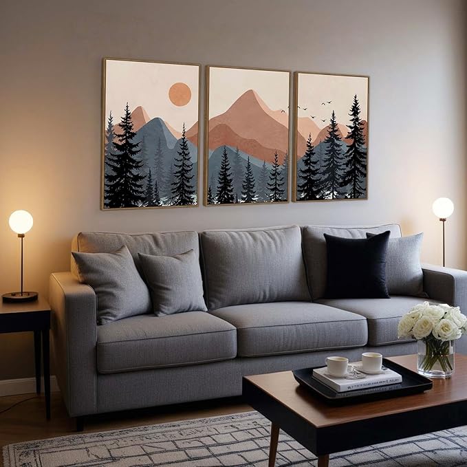 Large Boho Mountain Wall Art Framed Canvas Mid Century Nature Landscape Sunrise Theme Abstract Black Pines Tree Forest Wall Decor for Living Room, Bedroom, Office - 24x36 Inch, 3 Panels