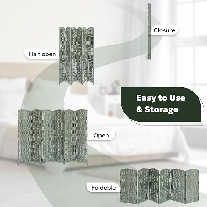 JOSTYLE Room Divider 6FT Room Divider Panel Folding Privacy Screen Hand-Made Wall Divider Indoor Portable Room Partition Dividers 2-in-1 Multifunction Divider for Room Separation (Grey, 6 Panel)