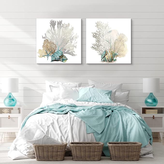 JAPO ART White Coral Wall Art Beach Bathroom Decor Sea Shell Pictures Coastal Wall Decor Sea Fan Nautical Painting Coral Pictures for Livingroom Bedroom Home Walls 16x16 x2pcs