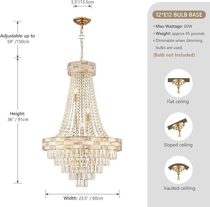 12-Light Gold Crystal Chandeliers,Empire Chandelier Light Fixture Modern High Ceiling Hanging Chandelier for Entryway,Foyer,Staircase,Hallway,Living Room(H36 x D23.2)