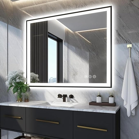 40x32 LED Bathroom Mirrors for Wall -Black Aluminum Framed (Front and Backlit), Anti-Fog Vanity Mirror With Lights,Stepless Dimmable Lighted Mirror,3 Colors Smart Mirror(Horizontal/Vertical)